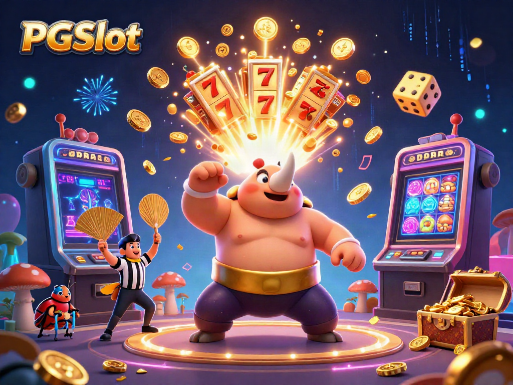 Experience the excitement of PGSlot with lively characters, vibrant coins, and dynamic game elements bursting from a slot machine.