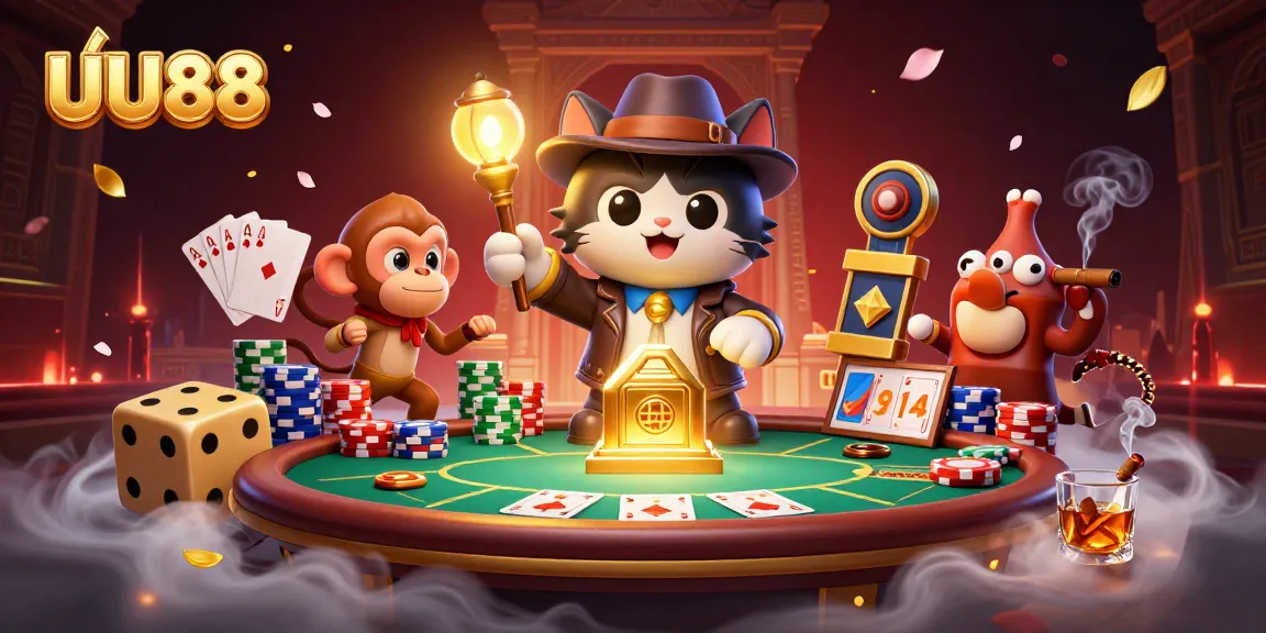 UU88 showcases a 3D cartoon cat exploring a golden artifact among a poker scene filled with excitement.