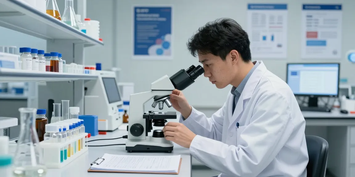KLOW peptide analysis in a modern lab with a researcher examining samples.