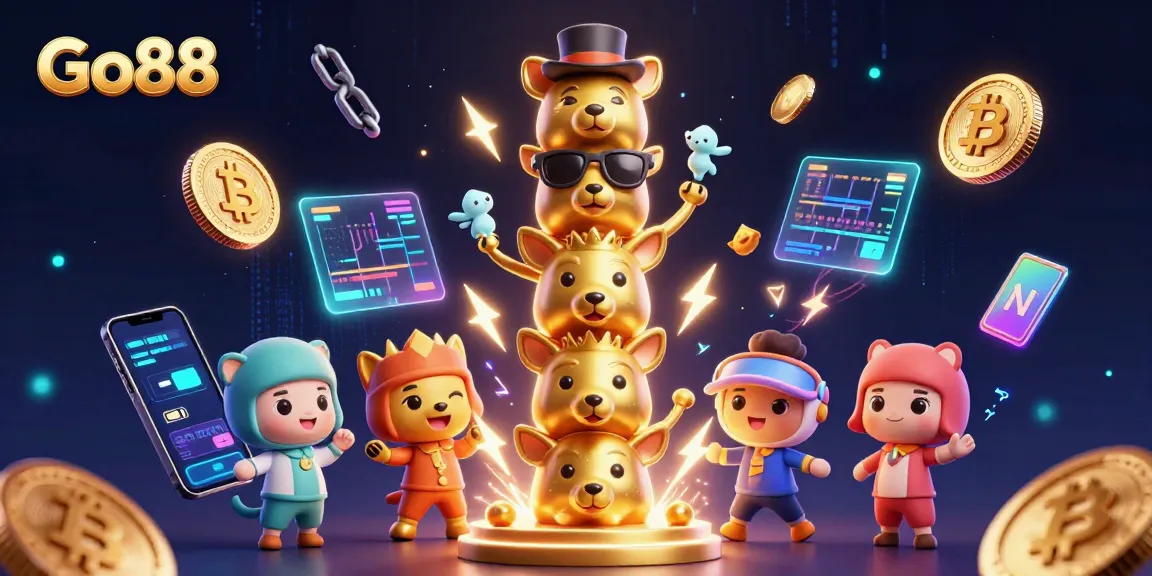Go88 casino totem pole with animated animal faces surrounded by crypto coins and neon effects.