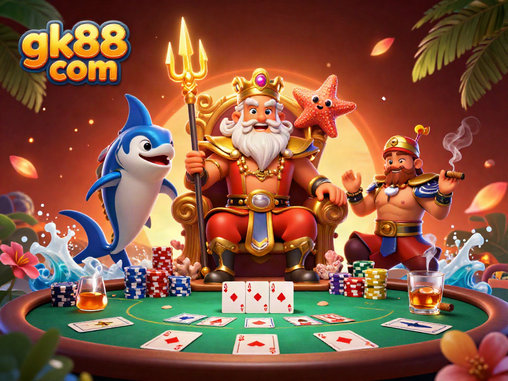 Experience vibrant games at gk88 com with an exciting cartoon illustration of Neptune and gaming elements.