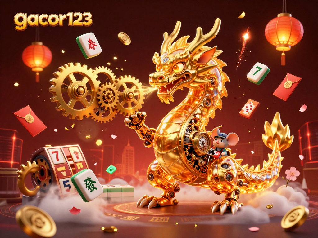 Experience winning with gacor123, featuring a golden dragon and vibrant casino elements in a colorful 3D scene.