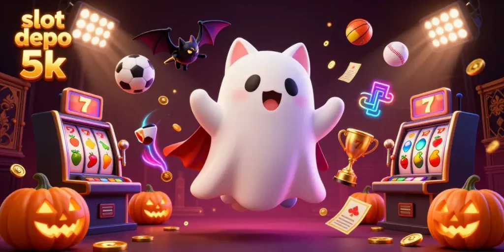 Experience thrilling gameplay at slot depo 5k with a ghost cat and vampire bat in a haunted casino.