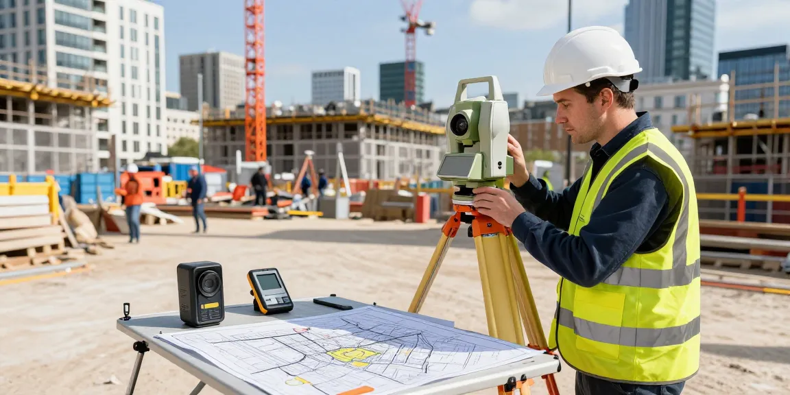 London land surveyors using advanced surveying equipment at a busy construction site in London.