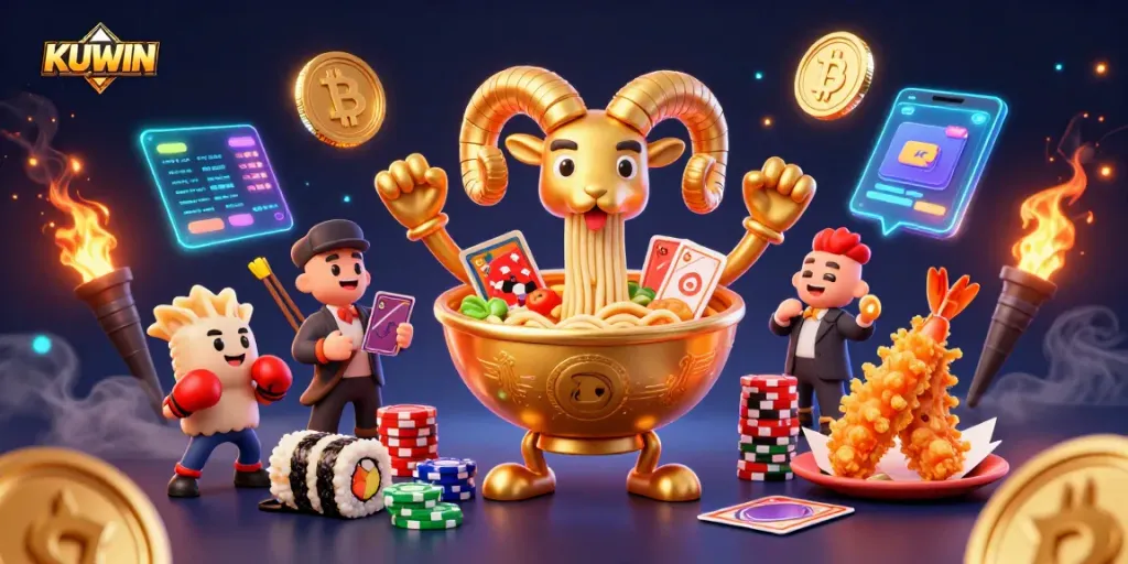 KUWIN offers exhilarating casino gaming in this vibrant 3D illustration showcasing engaging characters and high-stakes action.