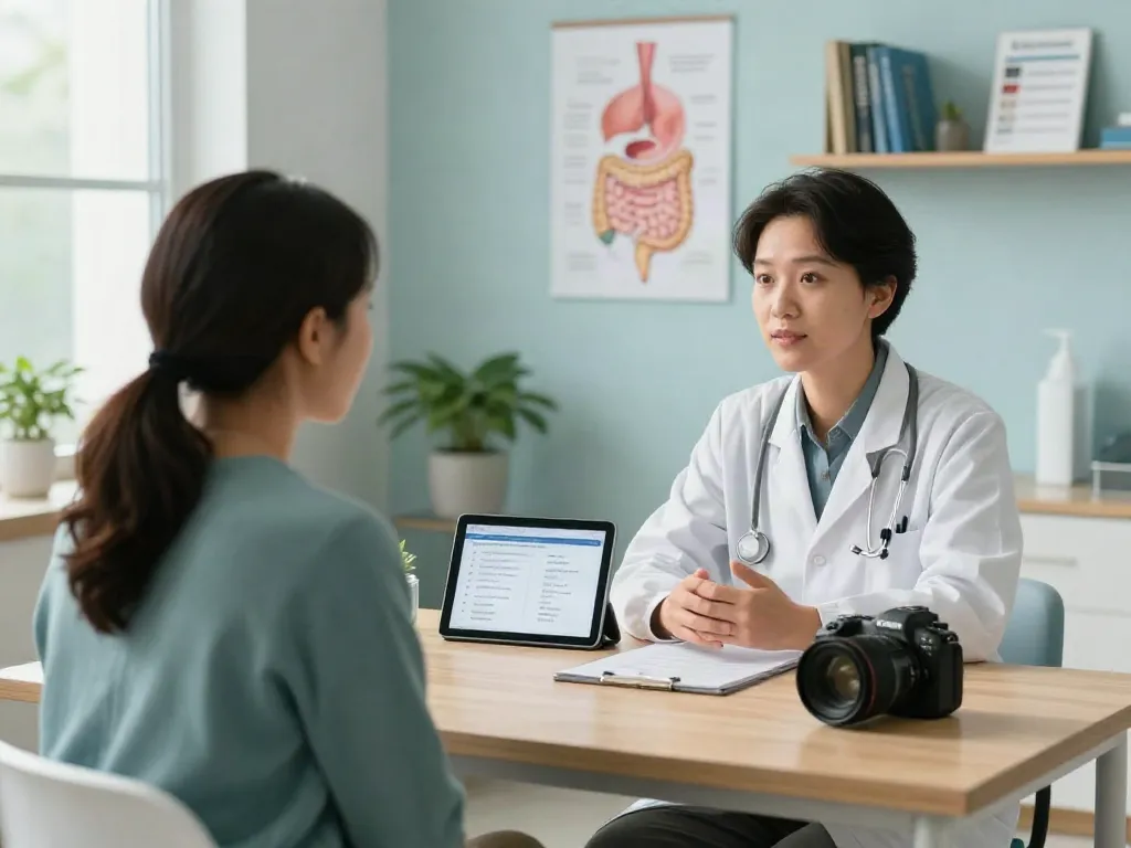 Irritable bowel syndrome symptoms consultation in a modern clinic with a doctor guiding a patient.