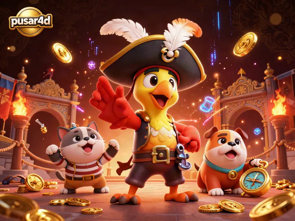 Pusar4d lively slot gaming scene with pirate captain, bulldog, and cat navigating golden tokens.