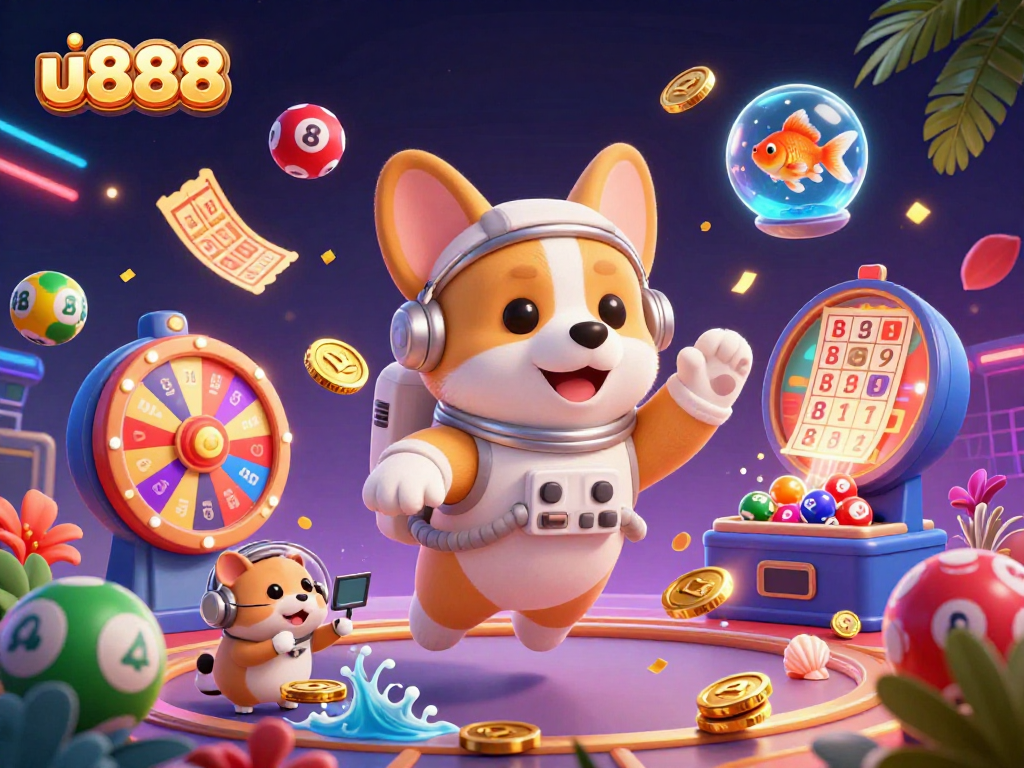 Play thrilling games at u888 with a vibrant scene of a corgi astronaut amid casino delights.