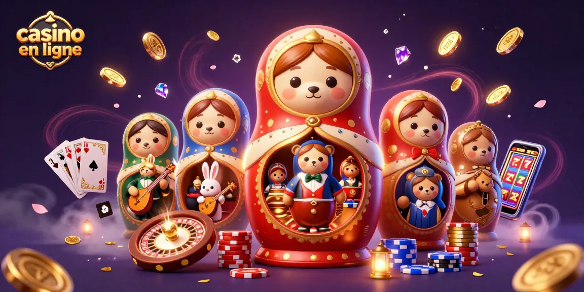 Jouez au casino en ligne avec une illustration colorée de jeux et personnages animés.