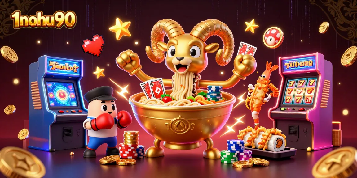 Engage with the vibrant scene at 1nohu90 featuring a dazzling golden ramen bowl dealing cards amidst colorful arcade machines.