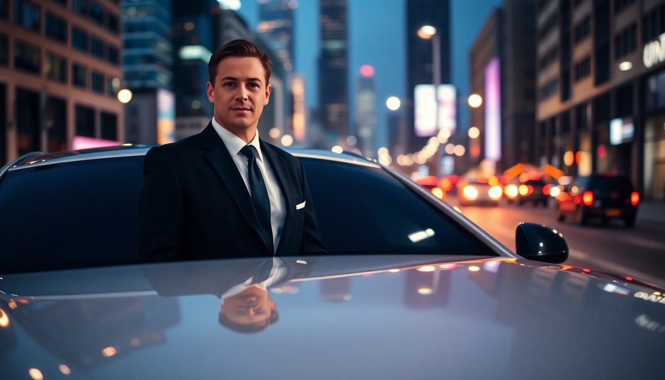 Chauffeur Vancouver ready in a luxury sedan amidst the vibrant city skyline.