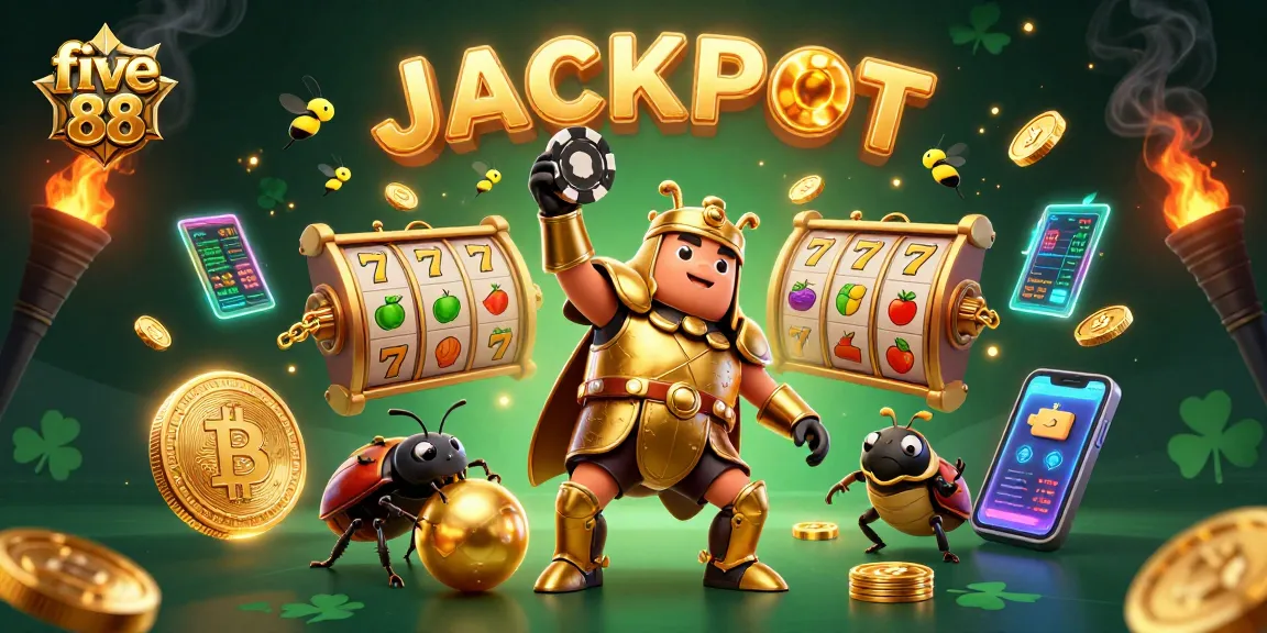 Play thrilling games at five 88 with a 3D illustration featuring a victorious beetle celebrating a jackpot.