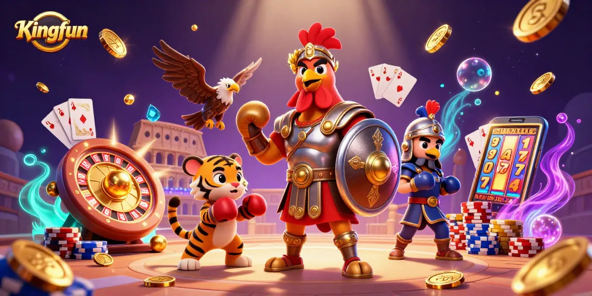 Kingfun in action with a gladiator rooster and vibrant casino elements create an exhilarating scene.