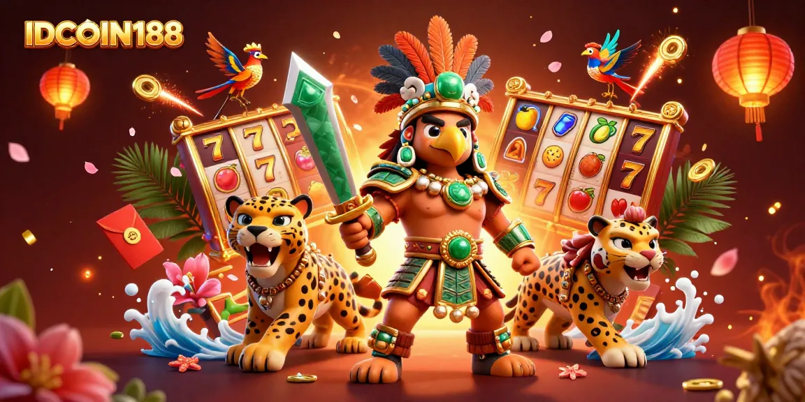 Spin the reels with IDCOIN188's vibrant casino scene showcasing Aztec warriors and slot elements for an exciting gaming experience.
