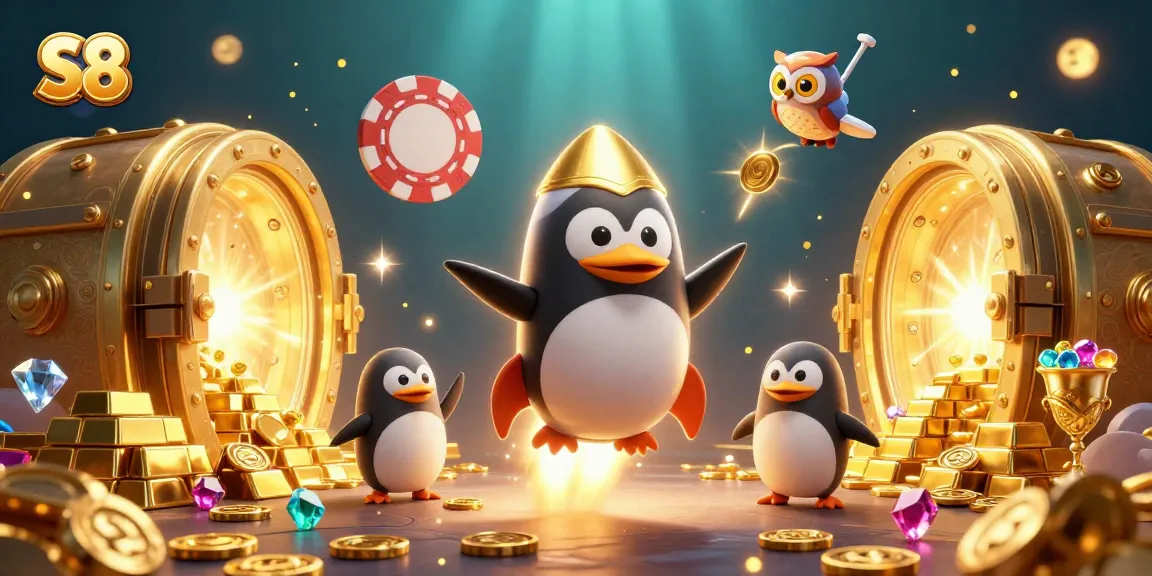 S8 enhances gaming with a golden penguin and treasures in a casino space adventure.