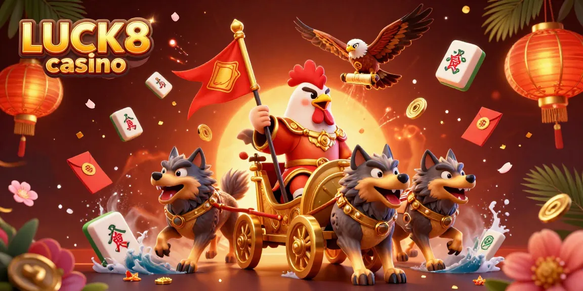 Experience the thrilling LUCK8 casino with lively characters and vibrant gaming elements in a dynamic casino scene.