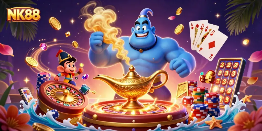 Unleash jackpot excitement in NK88 with a dynamic scene of casino-themed fun.