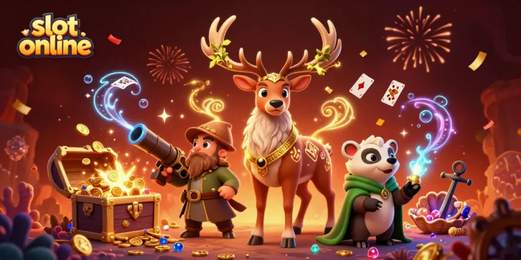 Engage in slot online gaming with vibrant 3D characters and dynamic treasures.