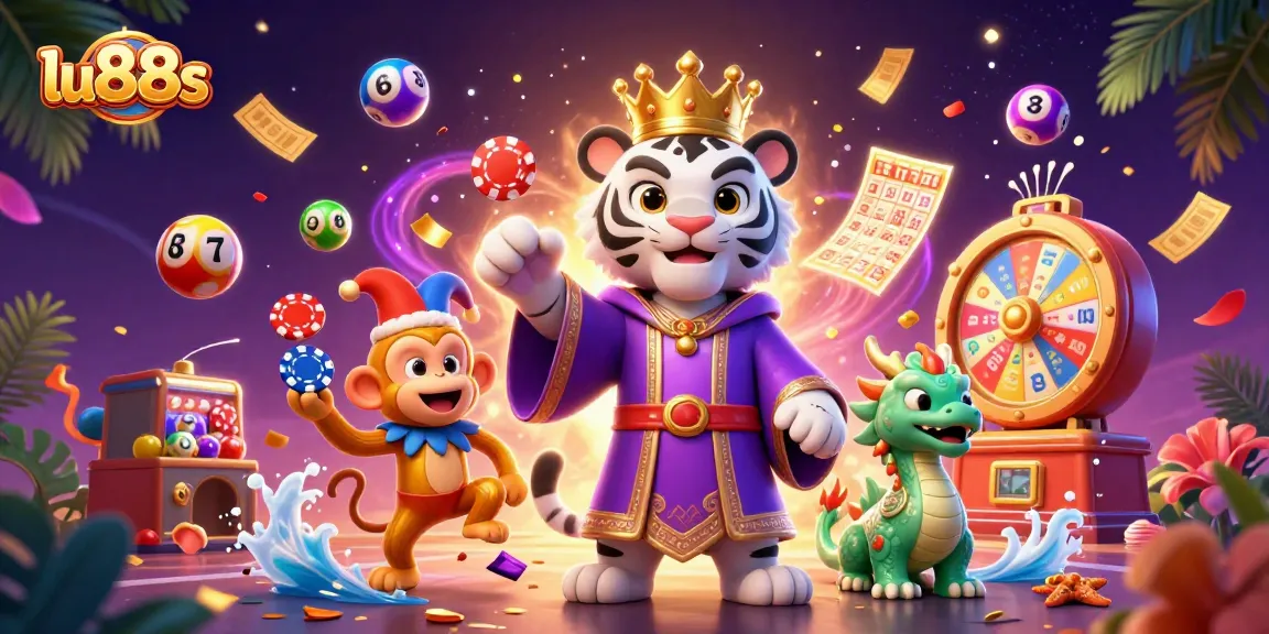 Join the exciting games at lu88s with vibrant illustrations of a tiger, monkey, and dragon surrounded by casino elements.