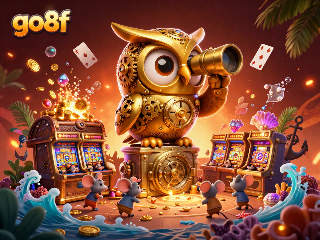 Engage with go8f: A vibrant slot game illustration featuring a golden owl and lively patrons.