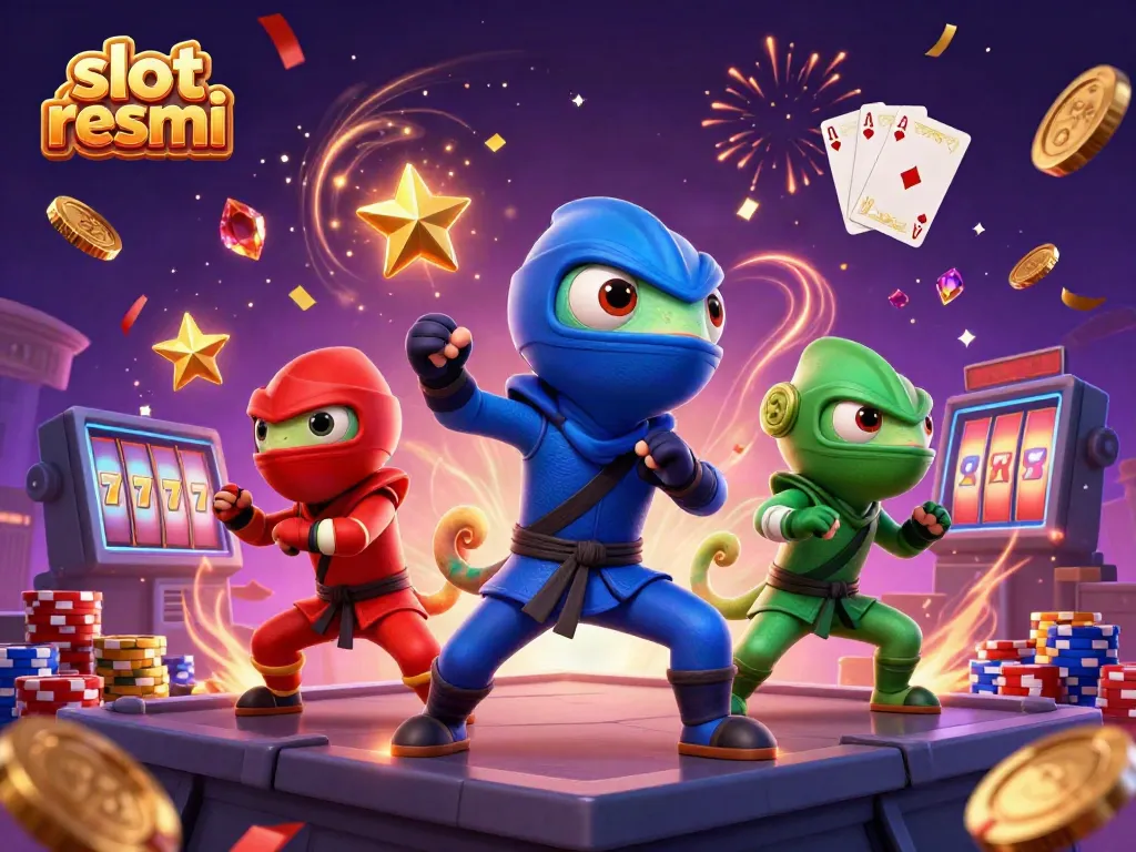 Experience thrilling slot resmi action with colorful ninja chameleons amidst cascading coins and vibrant casino elements.