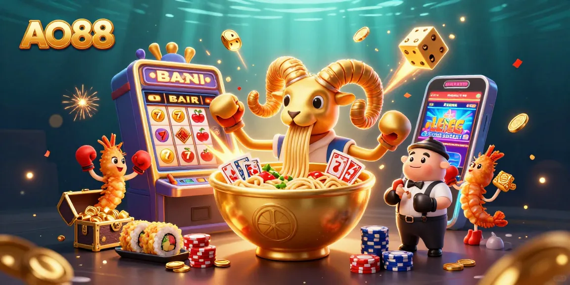 AO88's vibrant gaming scene features a giant ramen bowl dealing cards amidst jackpot winnings, embodying casino excitement.