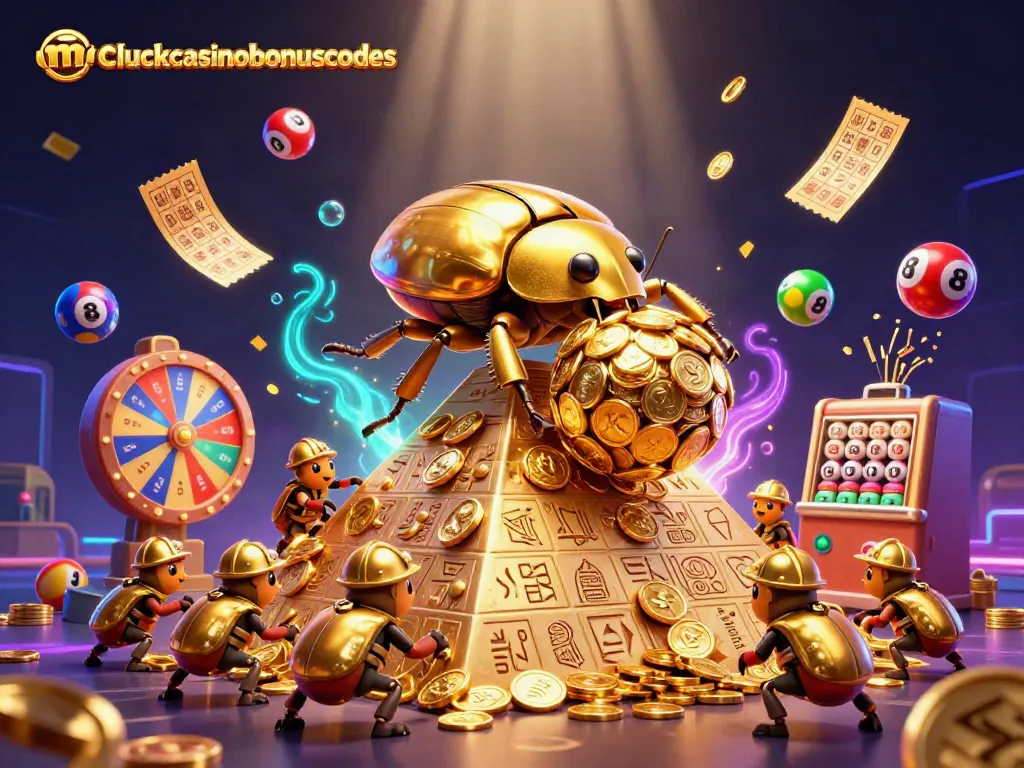 Engage with mcluckcasinobonuscodes through a vibrant illustration showcasing casino fun with beetles and golden coins.