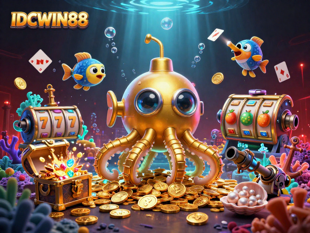 Engage with IDCWIN88 through a vibrant underwater casino scene featuring a golden kraken and slot elements.