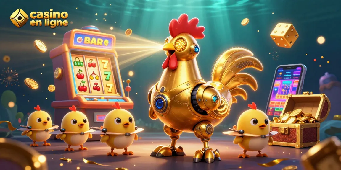 Déclenchez des gains aux casinos en ligne avec un robot coq futuriste et des drones de poussins.