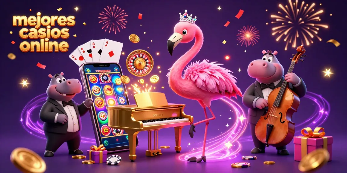 Ilustra los mejores casinos online con una abarrotada escena de un flamenco cantante y un hipopótamo, juegos y emoción.