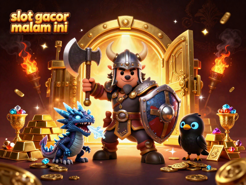 Slot gacor malam ini menampilkan karakter Viking, naga, dan gagak dalam ilustrasi kasino yang kaya dan beruntung.