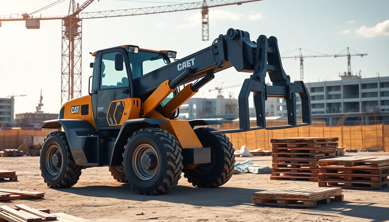 Telehandler lifting materials at a construction site showcasing versatility and durability.