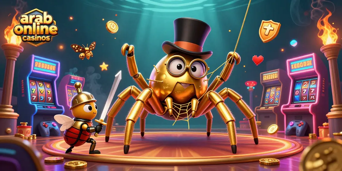 Engage with vibrant arab online casinos featuring a golden tarantula, a brave beetle knight, and dynamic gaming elements.