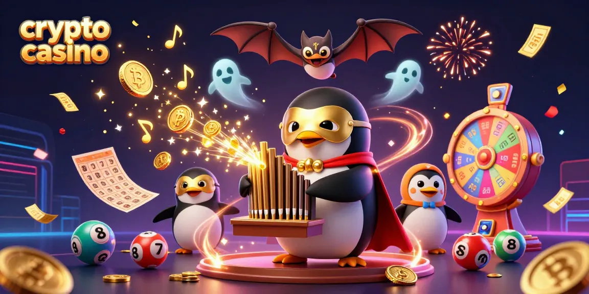 Crea emoción en el crypto casino con un pingüino fantasma y monedas de oro volando.