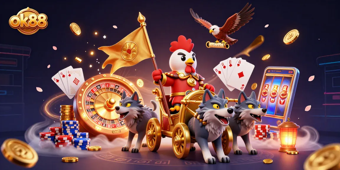 Experience the thrill of ok88 as the rooster warlord leads the casino adventure, surrounded by gold and gems.