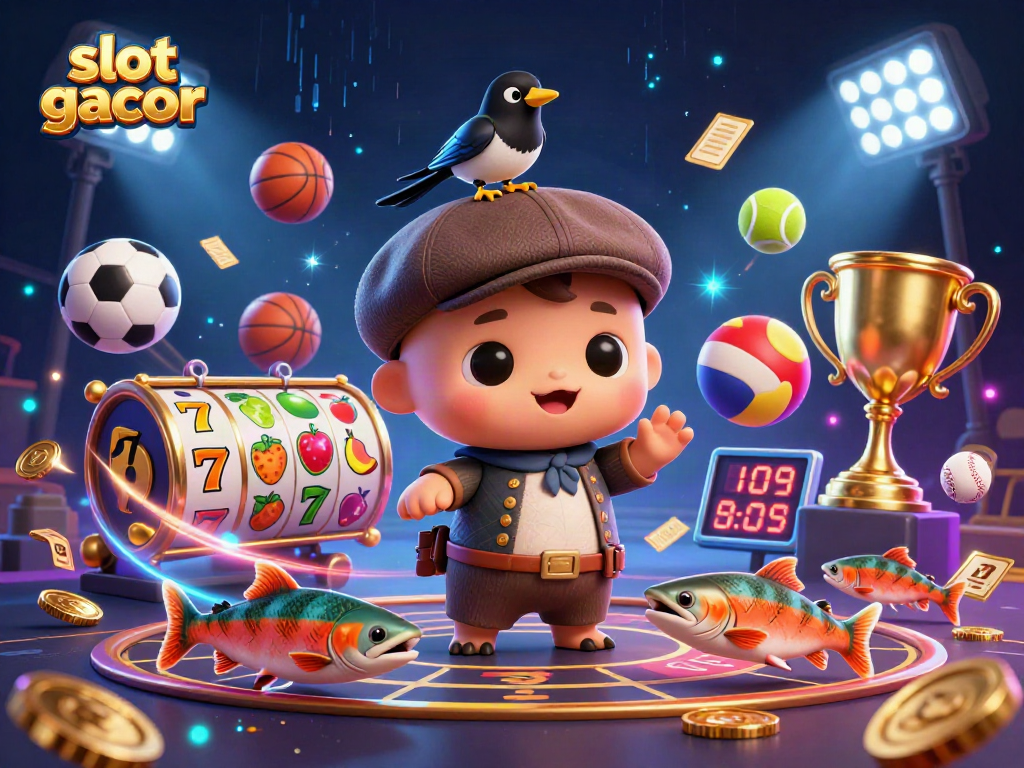 Spin the slot gacor reels with Nessie, a magpie, and playful salmon in a vibrant casino scene.