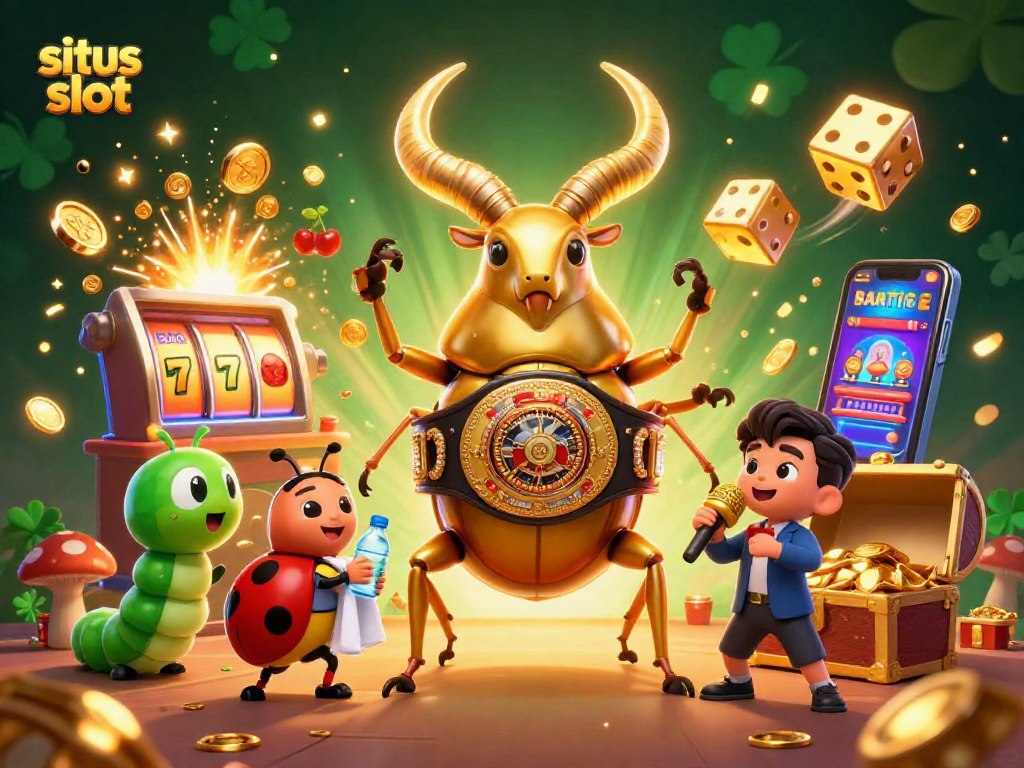 Experience exciting wins at situs slot with a vibrant 3D casino illustration showcasing colorful slot elements and energetic characters.