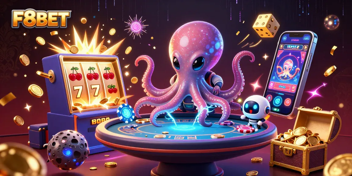 Experience the allure of F8BET with an alien octopus operating a poker table amidst vibrant casino elements.
