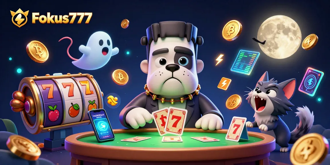 Experience thrilling games at Fokus777 as a spooky bulldog deals cards amidst the excitement of slots and crypto!