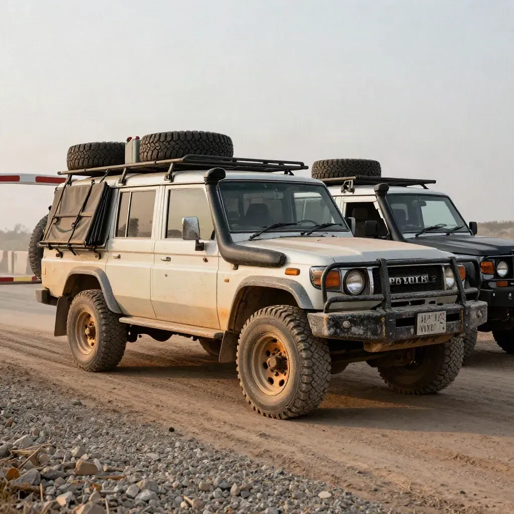 Mud-striped 4x4 convoy loaded with roof racks, spares, jerry cans, and camp gear at a dusty border post.