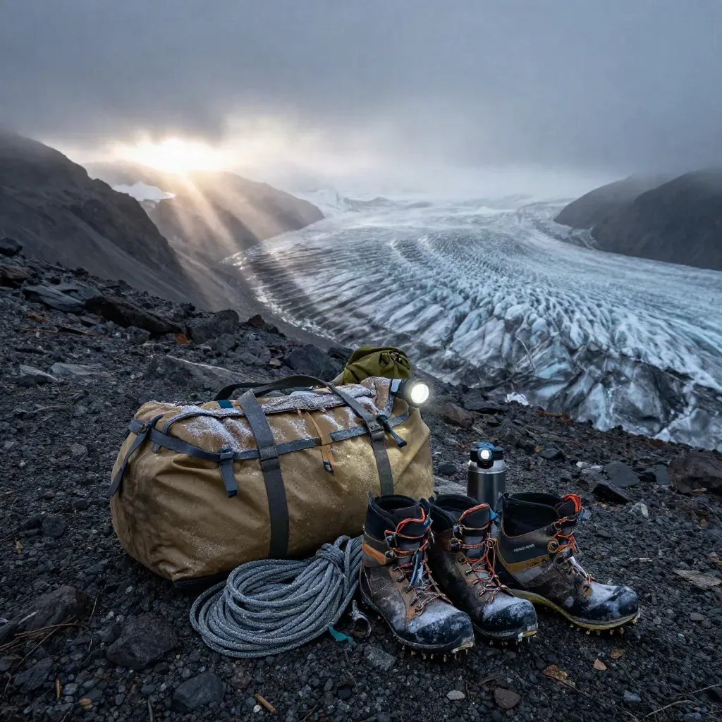 Expedition gear on a Patagonian moraine at blue hour with glacier fjord beyond.