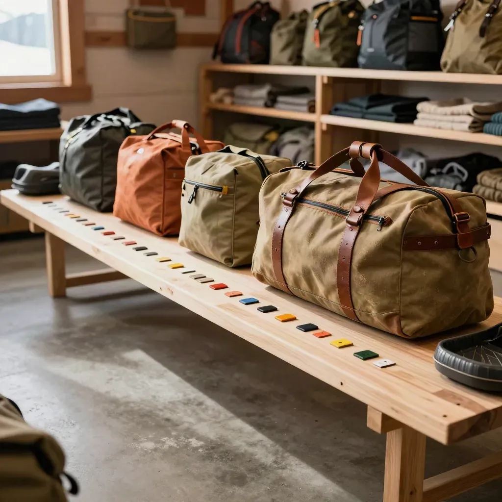Expedition duffels, dry bags, boot trays, and tent markers lined up in a mountain lodge