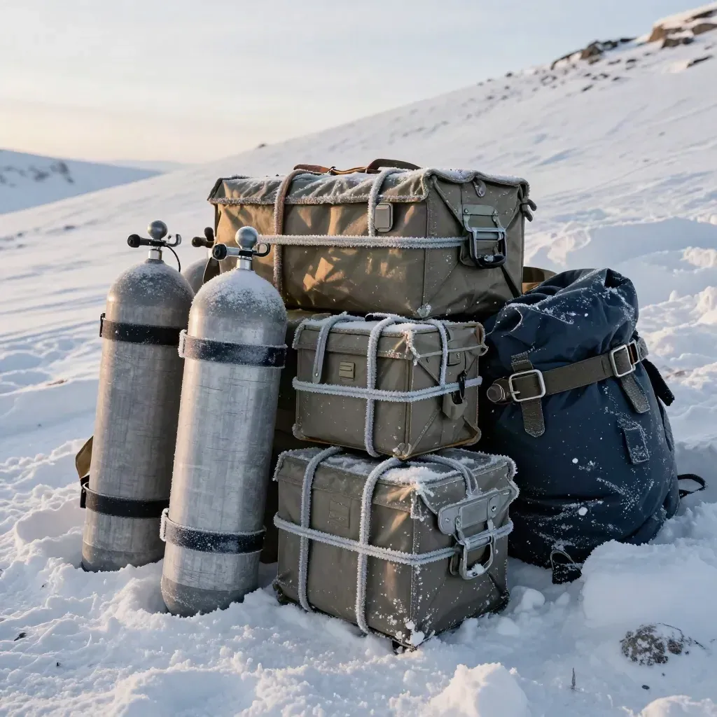 Frosted oxygen cylinders and cargo boxes secured beside a snowy alpine slope.