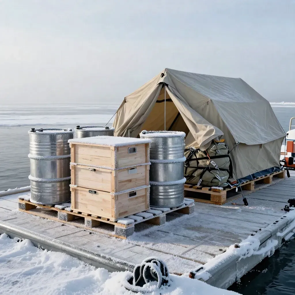 Frost-covered dock with food crates, fuel drums and tents under blowing snow