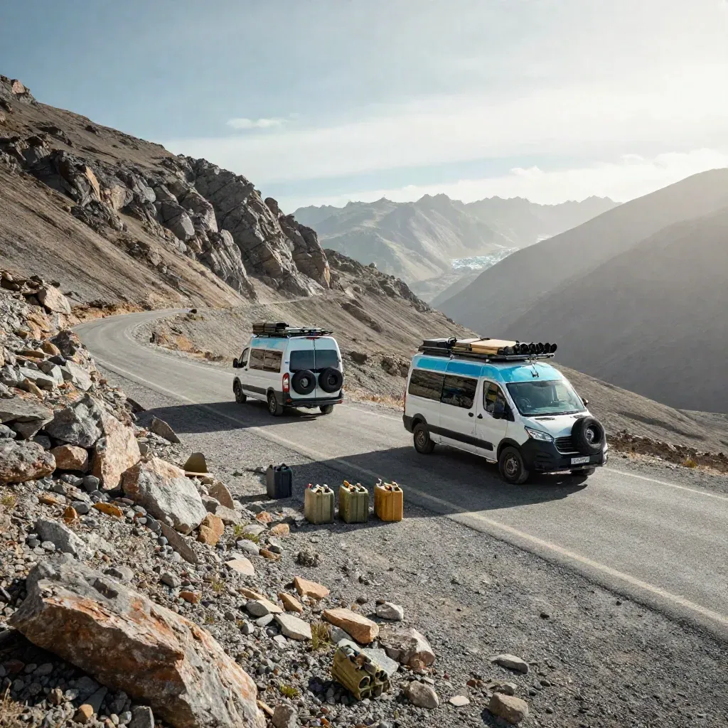 Two expedition vans parked on a ridge road with fuel cans, spare tires and dusty mountain haze.