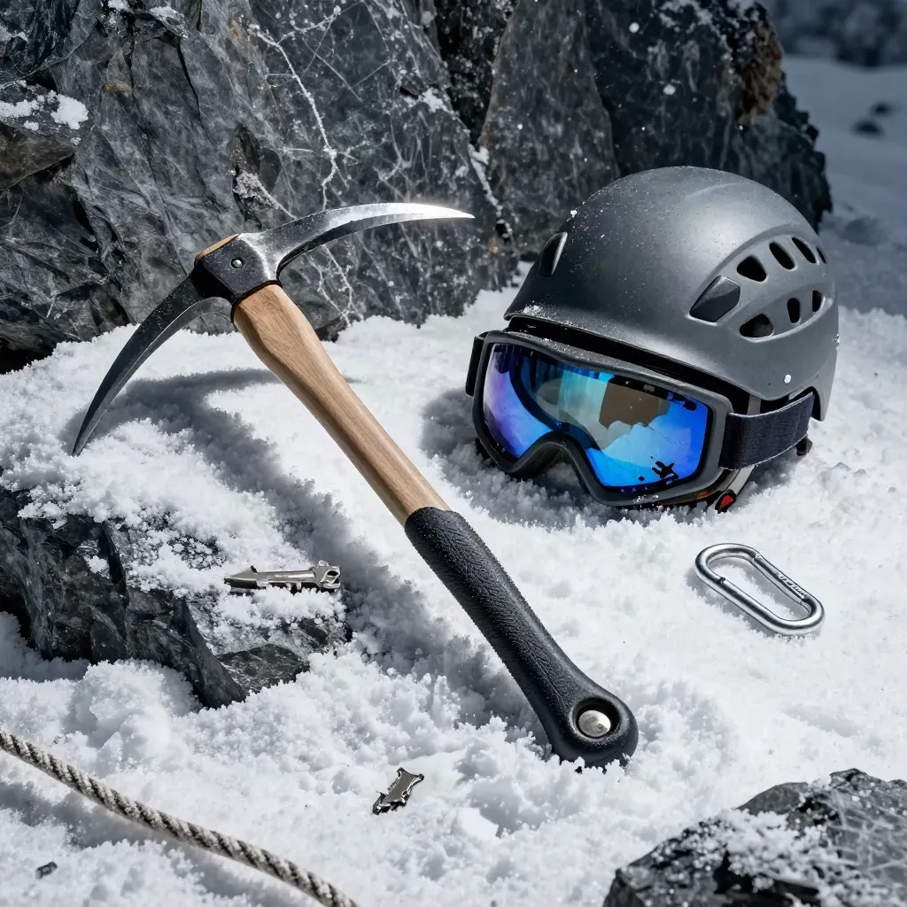 Alpine guide kit on snow with ice axe, crampons, helmet, goggles and carabiners