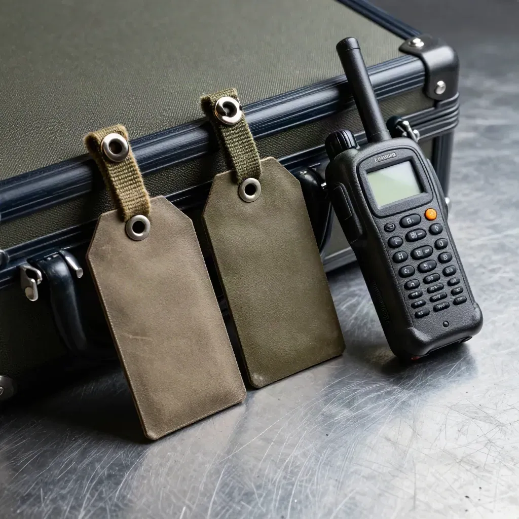 Macro of cargo tags, radio handset, batteries, and a flight-case corner on steel.