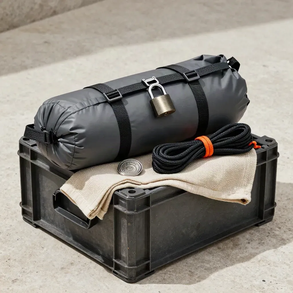 Locked expedition kit on a crate with padlock, permit seal, dry bag and paracord