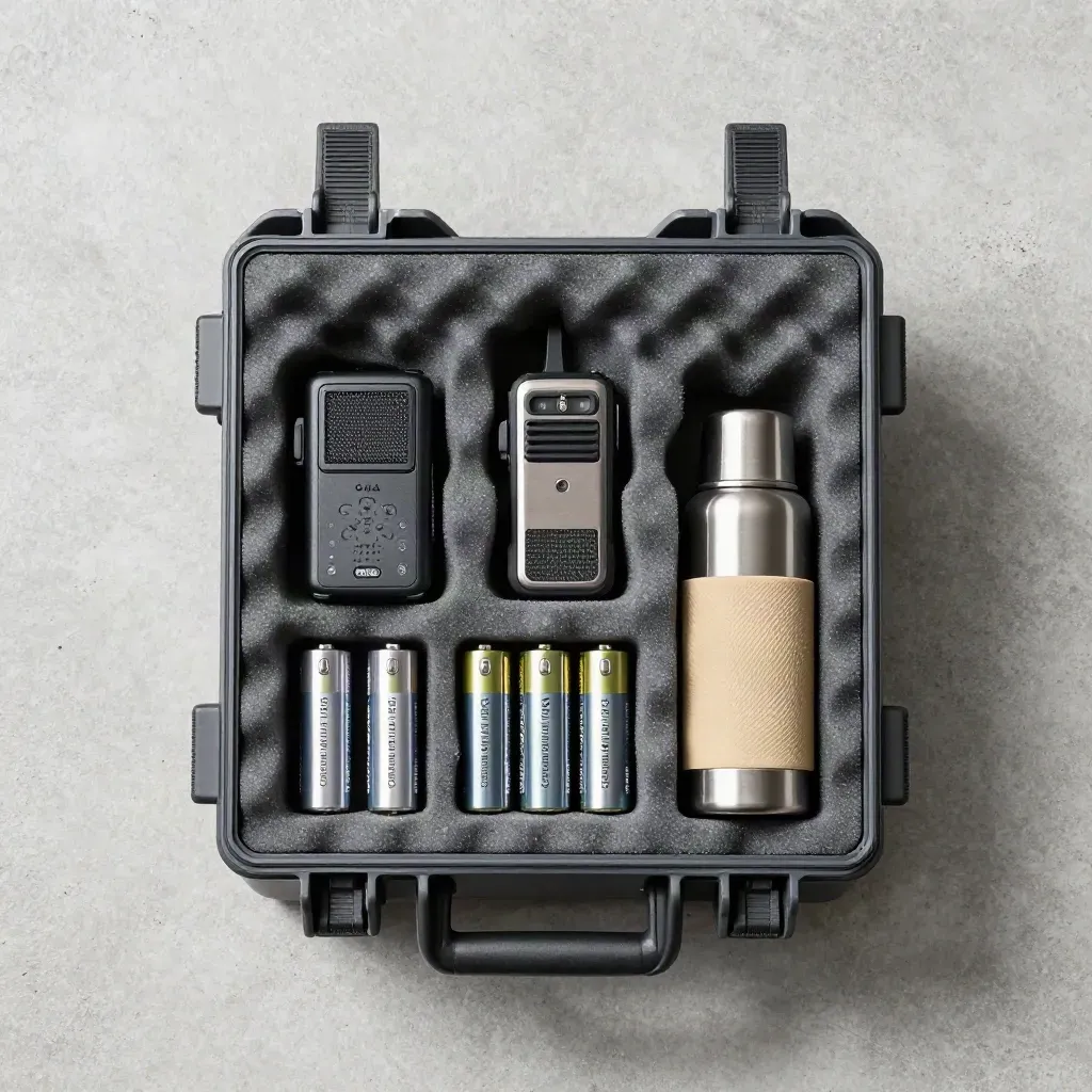 Open expedition case with radio, satellite messenger, batteries and thermos on concrete