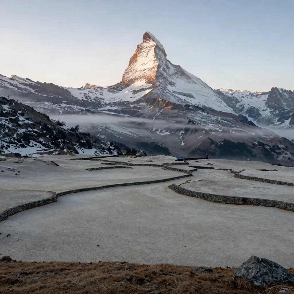 Alps at dawn with a glowing snow pyramid above a calm misty valley
